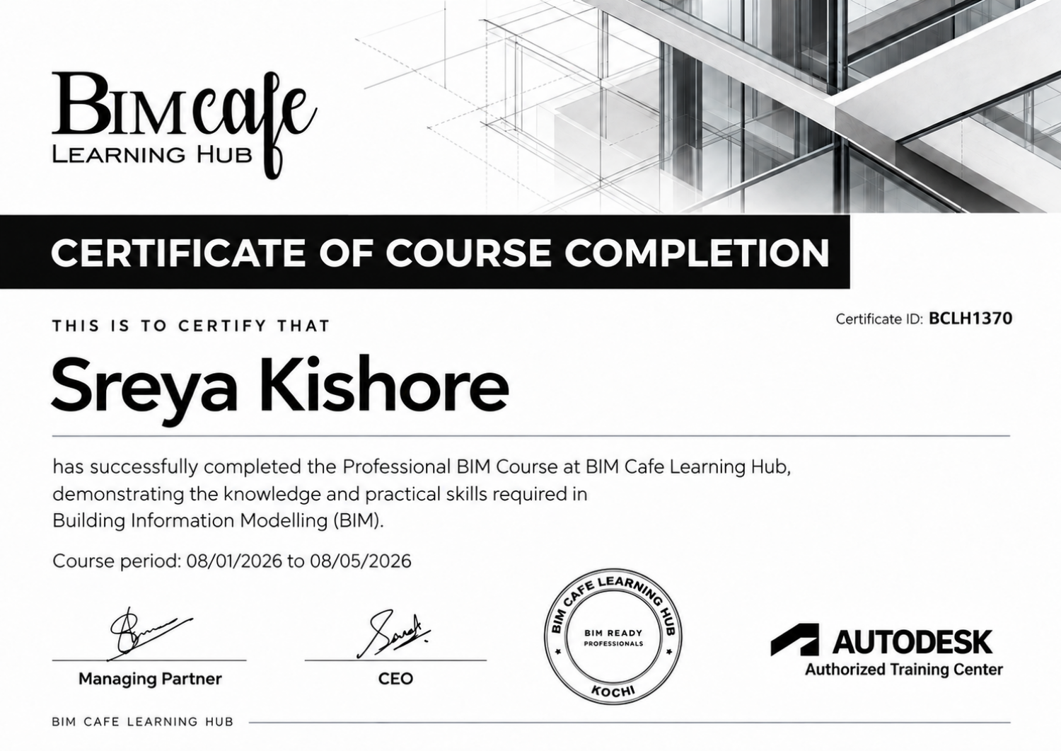 BIM Cafe Course Completion sample certificate