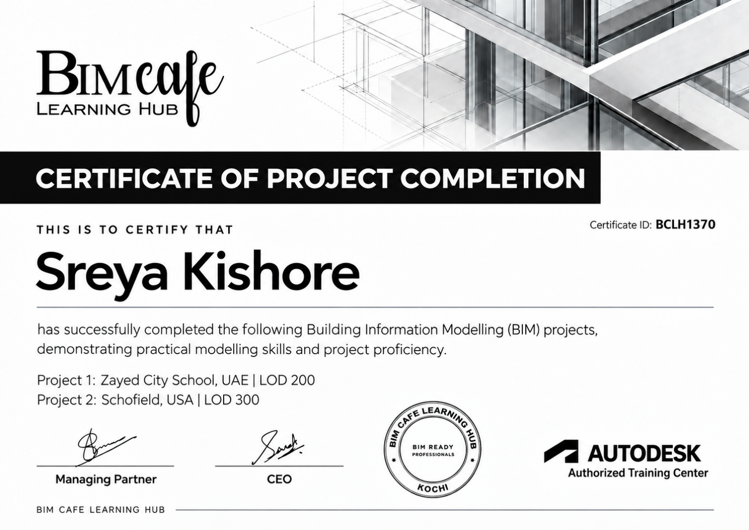 BIM Cafe Project Completion sample certificate