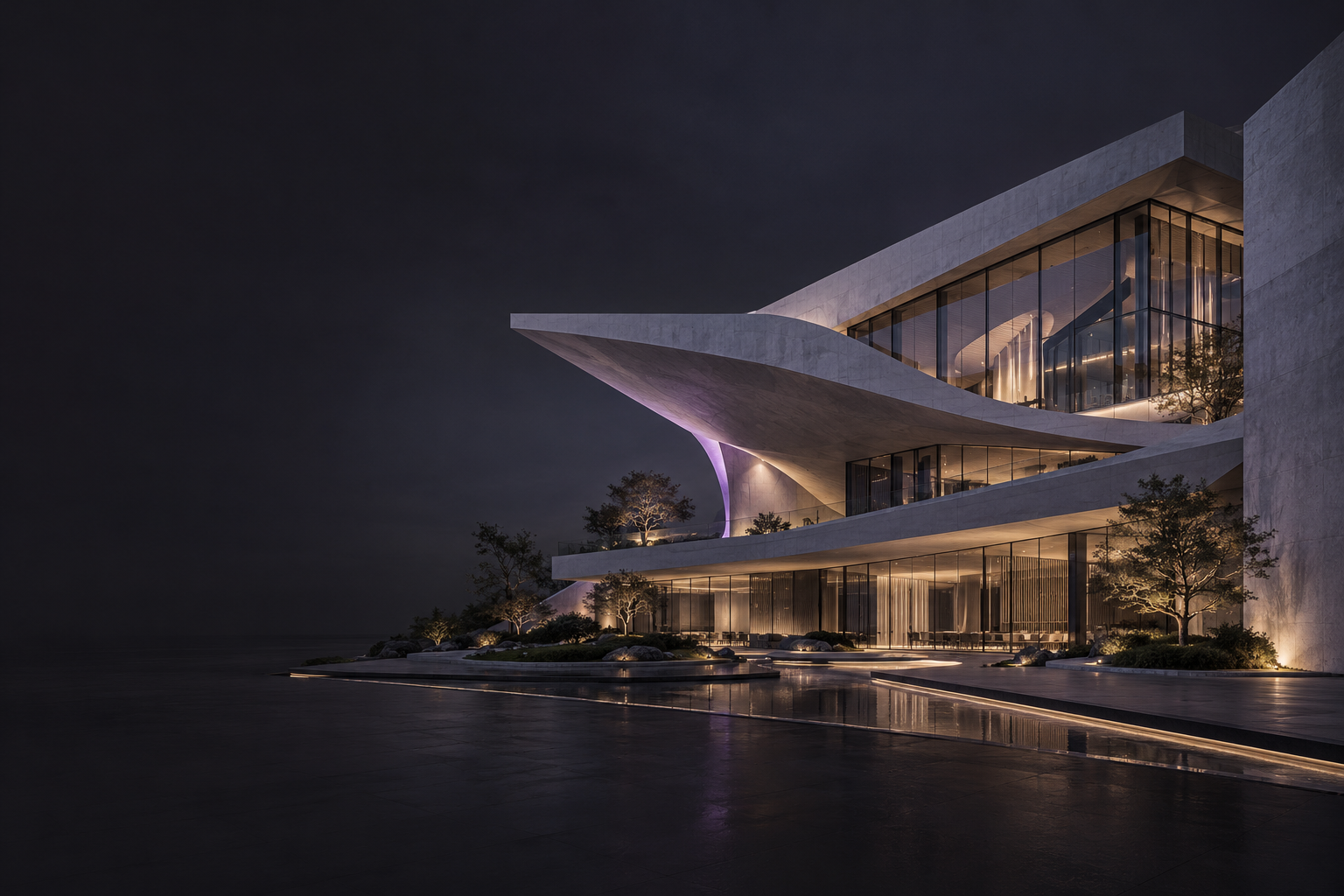Illustrative contemporary architecture with sweeping concrete forms, dark glass and warm interior light