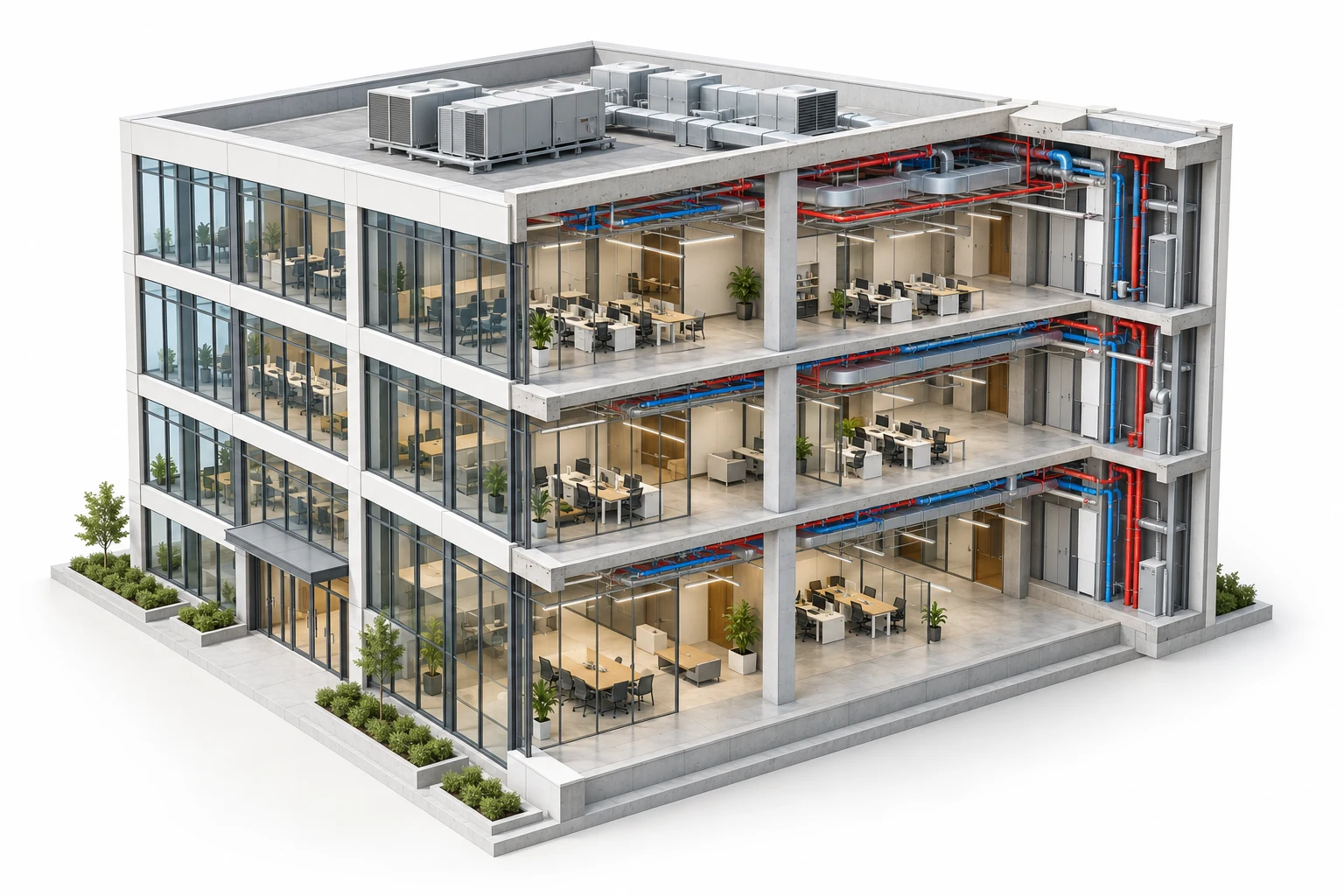 Illustrative cutaway model of a commercial building showing structure and services