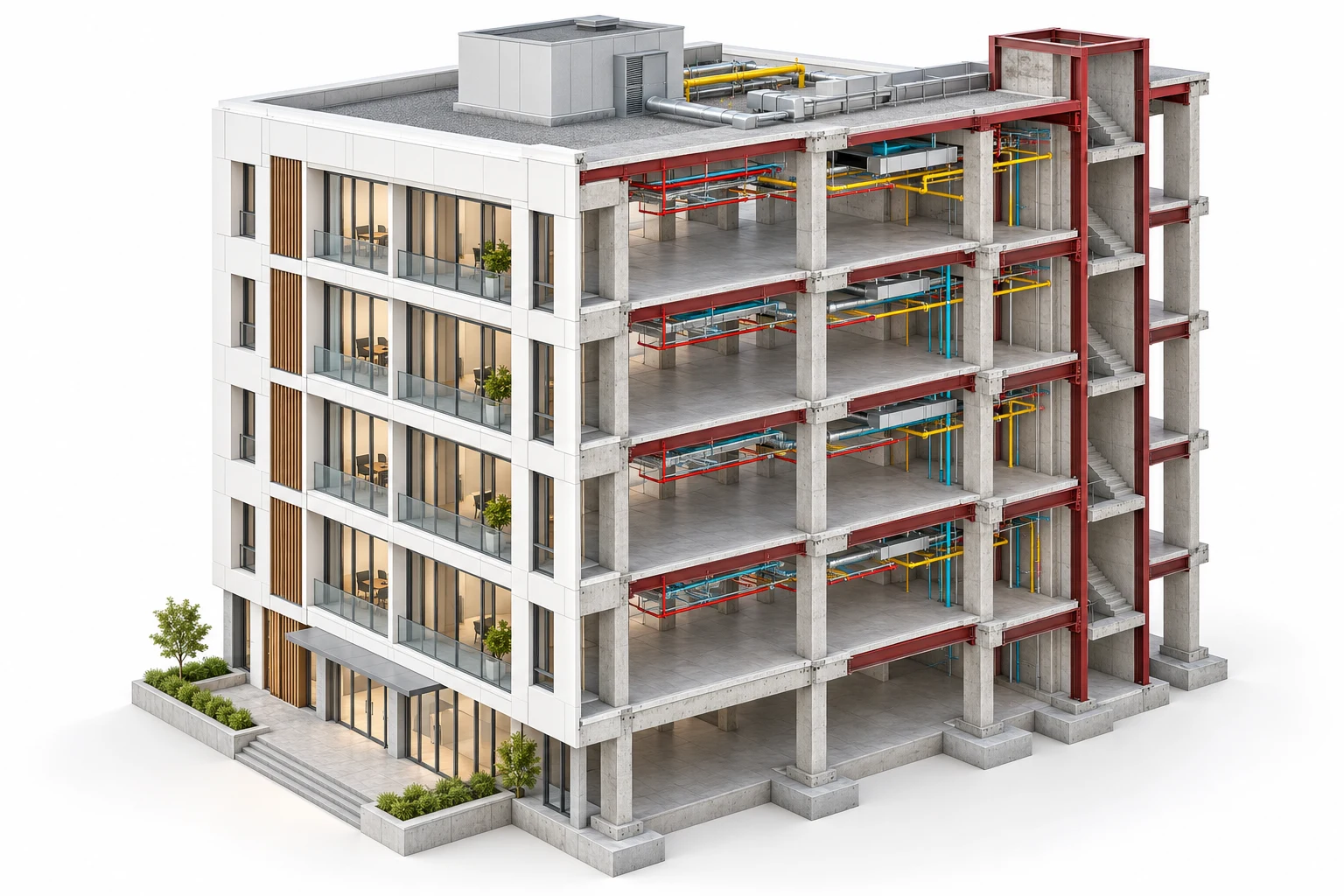 Illustrative building cutaway showing architectural finishes, structural framing and building services