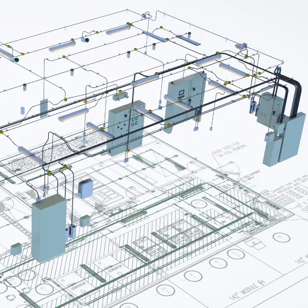 3D schematic overlay of MEP systems on architectural plans, part of a BIM Master Course for MEP Engineers, showcasing ductwork, piping, and electrical equipment in a detailed, color-coded layout.