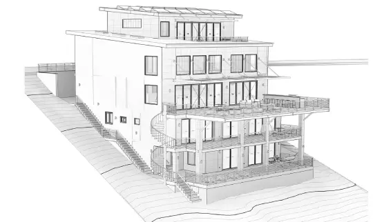 Illustrative drawing of a multi-level residential building showcasing a Building Information Modeling (BIM) design. The image reveals the structure's interior layout and construction elements, such as support beams, columns, and staircases. The design includes multiple balconies and extensive use of glass on the exterior. The drawing has a perspective view and is rendered in fine lines to emphasize the architectural details