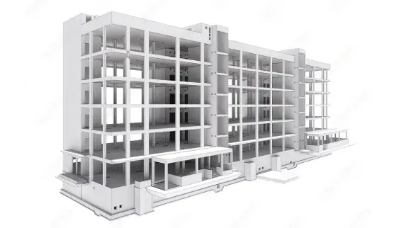A detailed digital rendering of a modern apartment complex structure as part of a BIM (Building Information Modeling) professional course illustration. The image displays a three-dimensional model of a multi-storey building with exposed architectural elements, including the skeletal framework, floor plates, and individual apartment units. The model is designed with a high level of detail, showing elements such as support pillars, balconies, and windows, indicative of an advanced stage of BIM design planning.