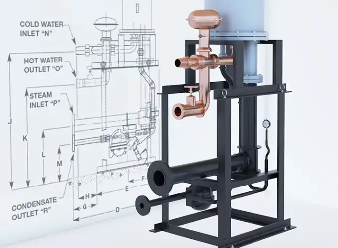 3D model of a mechanical piping assembly next to its corresponding schematic diagram, demonstrating the practical application of BIM in learning complex systems.