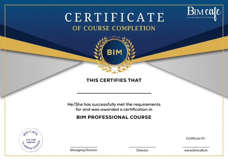 Elegant certificate of project completion from BIM Café, with a blue and gold design, stating the recipient has successfully completed the BIM project with proficiency and dedication.