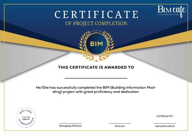Professional-looking BIM Café certificate of project completion, featuring a laurel wreath emblem and the BIM logo, endorsing the holder's advanced skills in Building Information Modeling.
