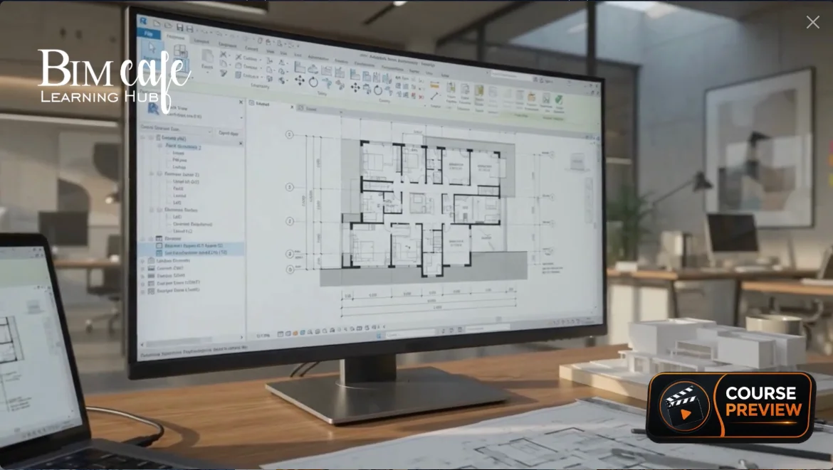 BIM Cafe course preview — Revit floor plan on a workstation