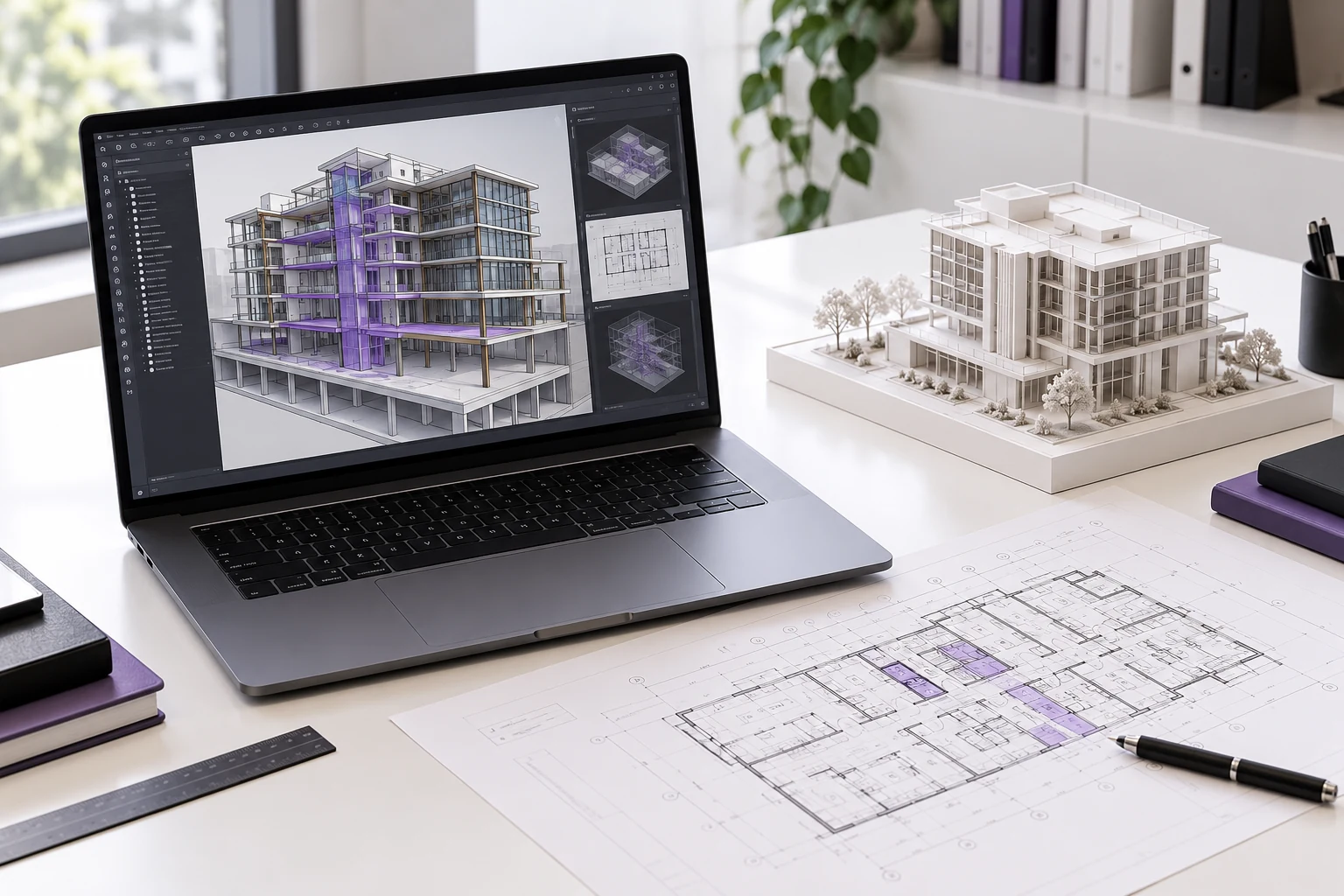 Illustrative BIM learning workspace with a laptop, building model and architectural drawings
