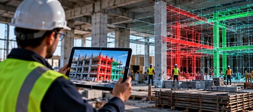 Engineer tracking planned versus actual construction progress with a BIM overlay on a tablet