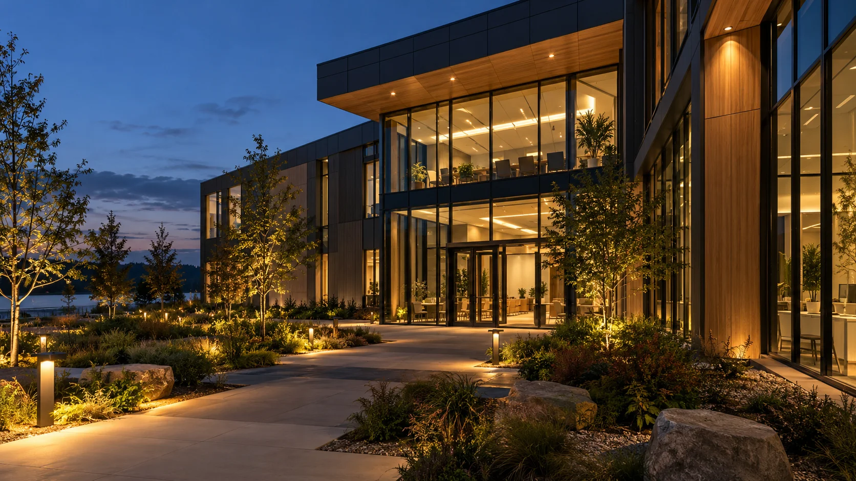 Building at dusk with downward-directed exterior lighting and dimmed interiors