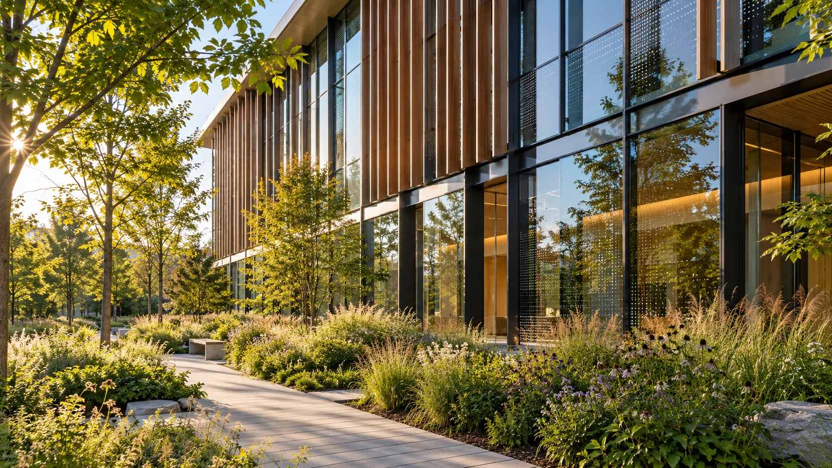 Glazed facade with timber fins beside a planted landscape