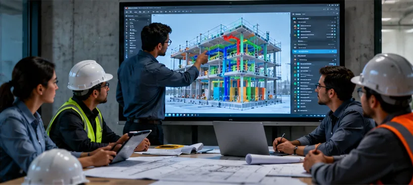 Project team reviewing BIM model information together in a meeting
