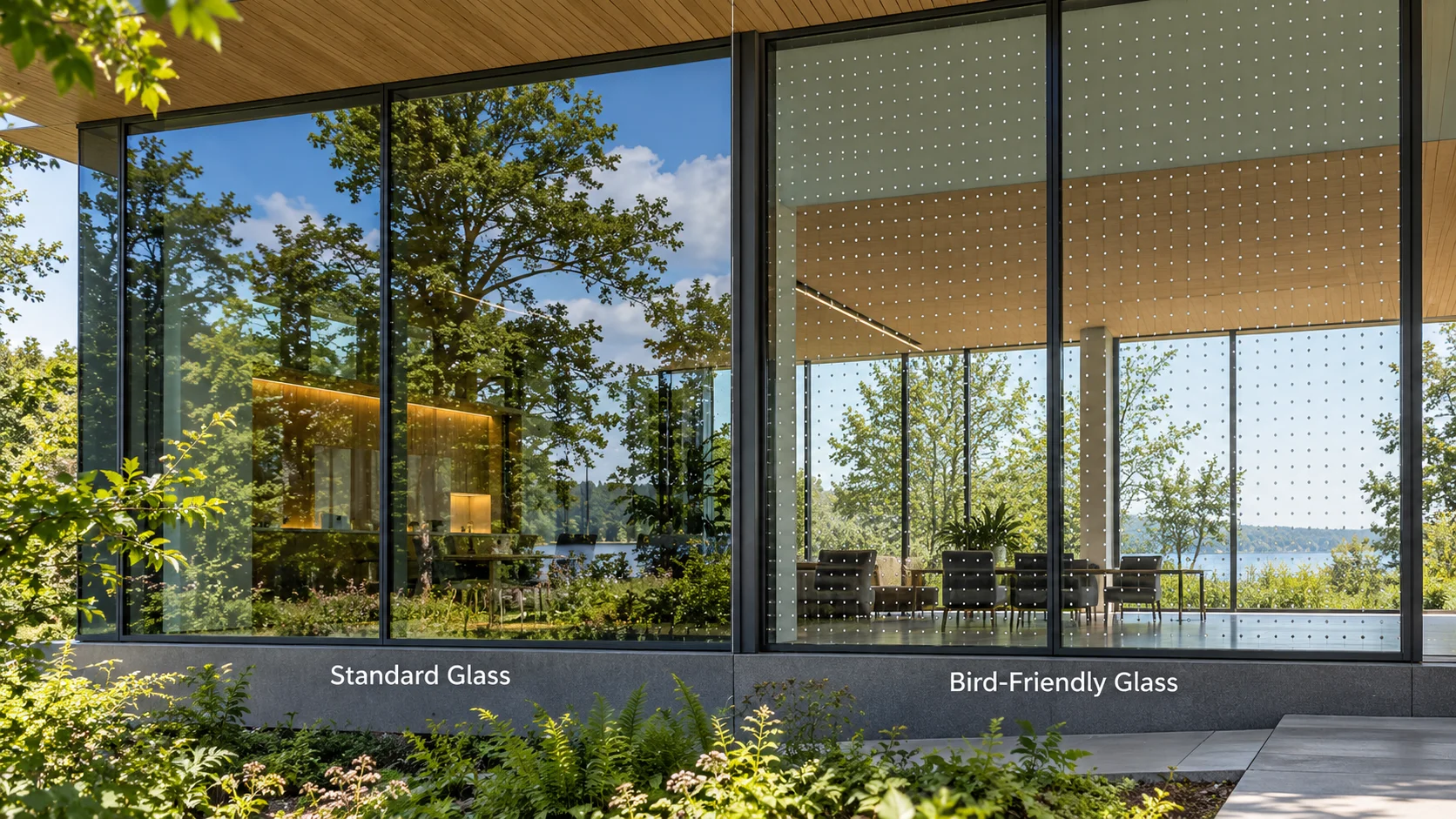 Standard glass beside bird-friendly glass with a visible dot pattern