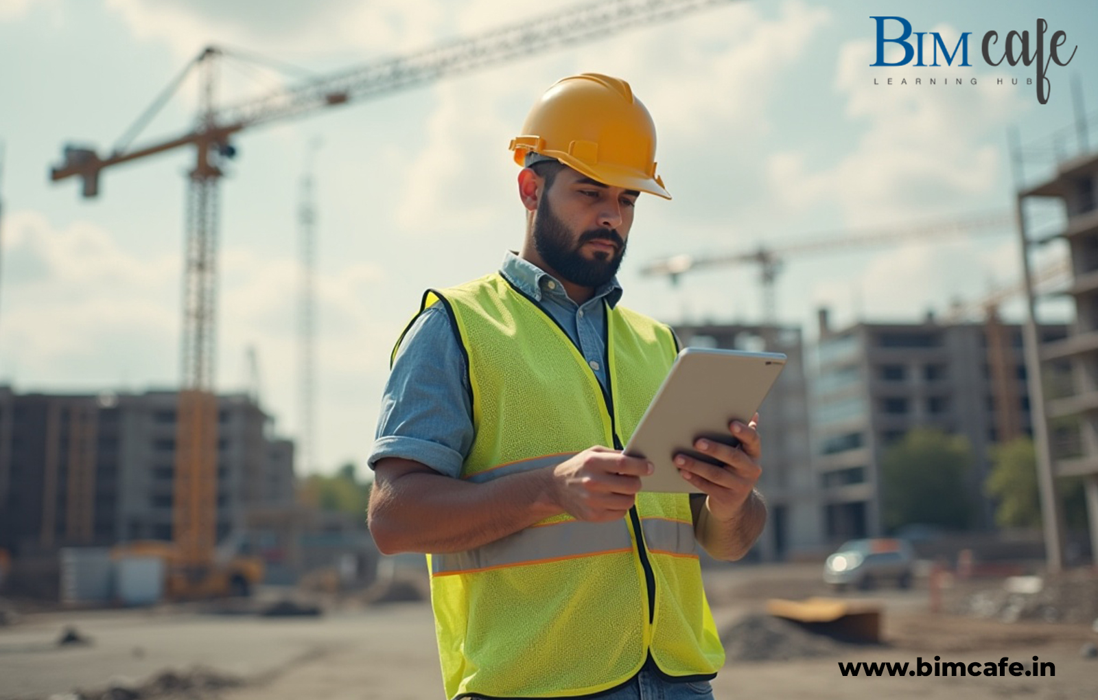 A construction professional using a tablet at a building site, symbolizing the integration of digital tools in modern construction and the growing demand for BIM careers.