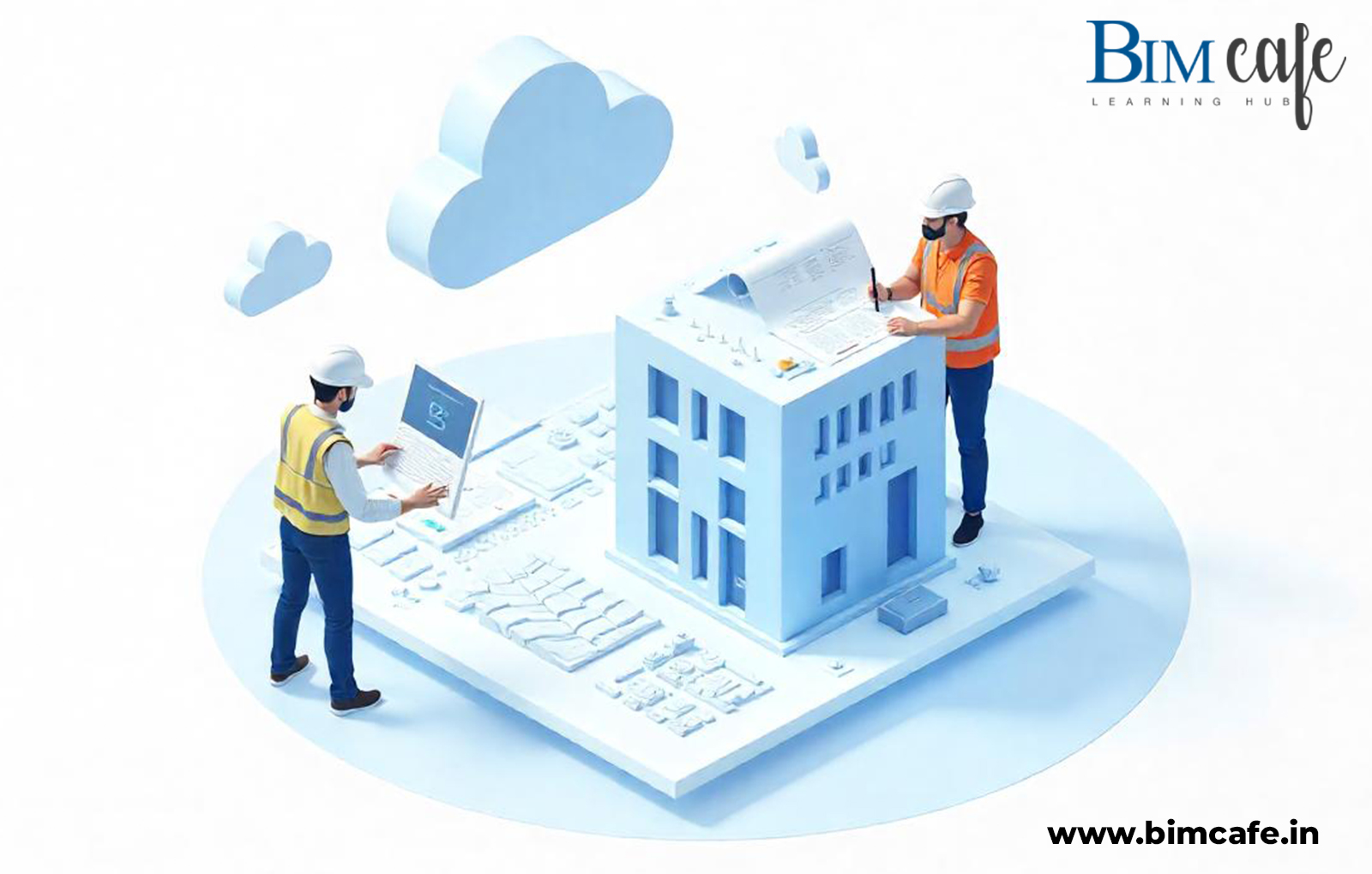 "Two construction professionals using digital devices to interact with a 3D model of a building, representing Building Information Modeling (BIM) technology."