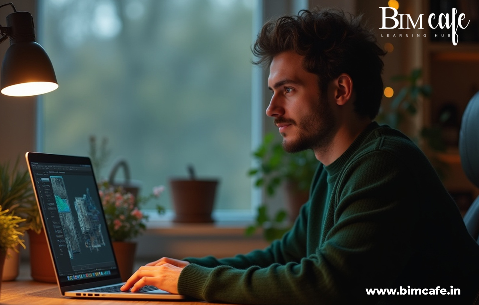 Young architect or BIM student working on a 3D building model in BIM software on a laptop, seated at a desk with indoor plants, showcasing focused learning at BIM Cafe Learning Hub
