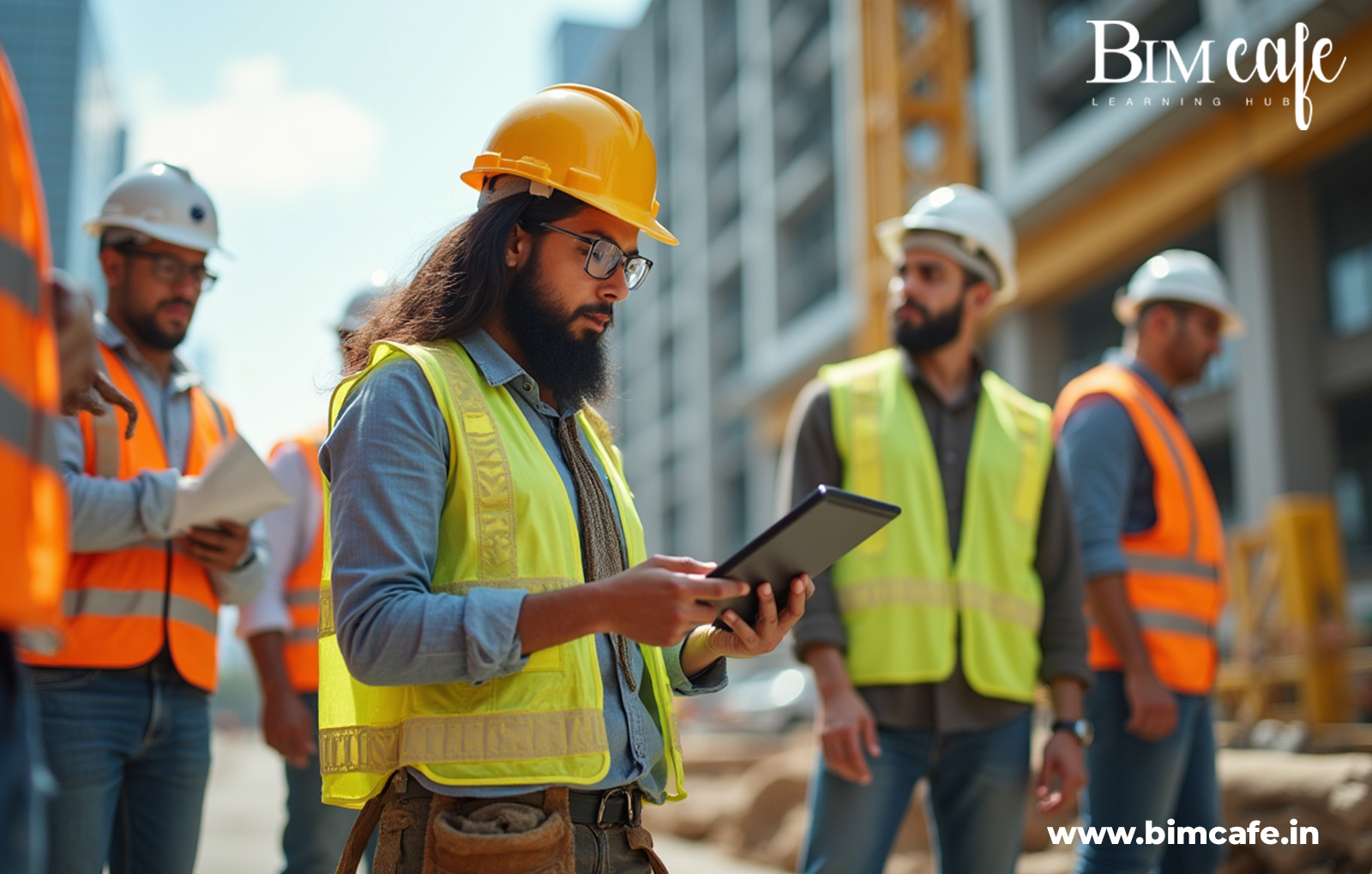 Construction professionals at a building site using tablets and digital tools for BIM coordination. A young engineer in a yellow hard hat and safety vest reviews project data, reflecting real-time application of BIM practices 