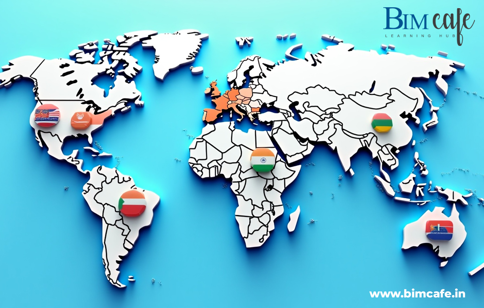 A world map highlighting different countries with BIM standards, including the USA, UK, India, UAE, Germany, Australia, and Singapore, featuring their flags and the BIM Cafe Learning Hub logo.