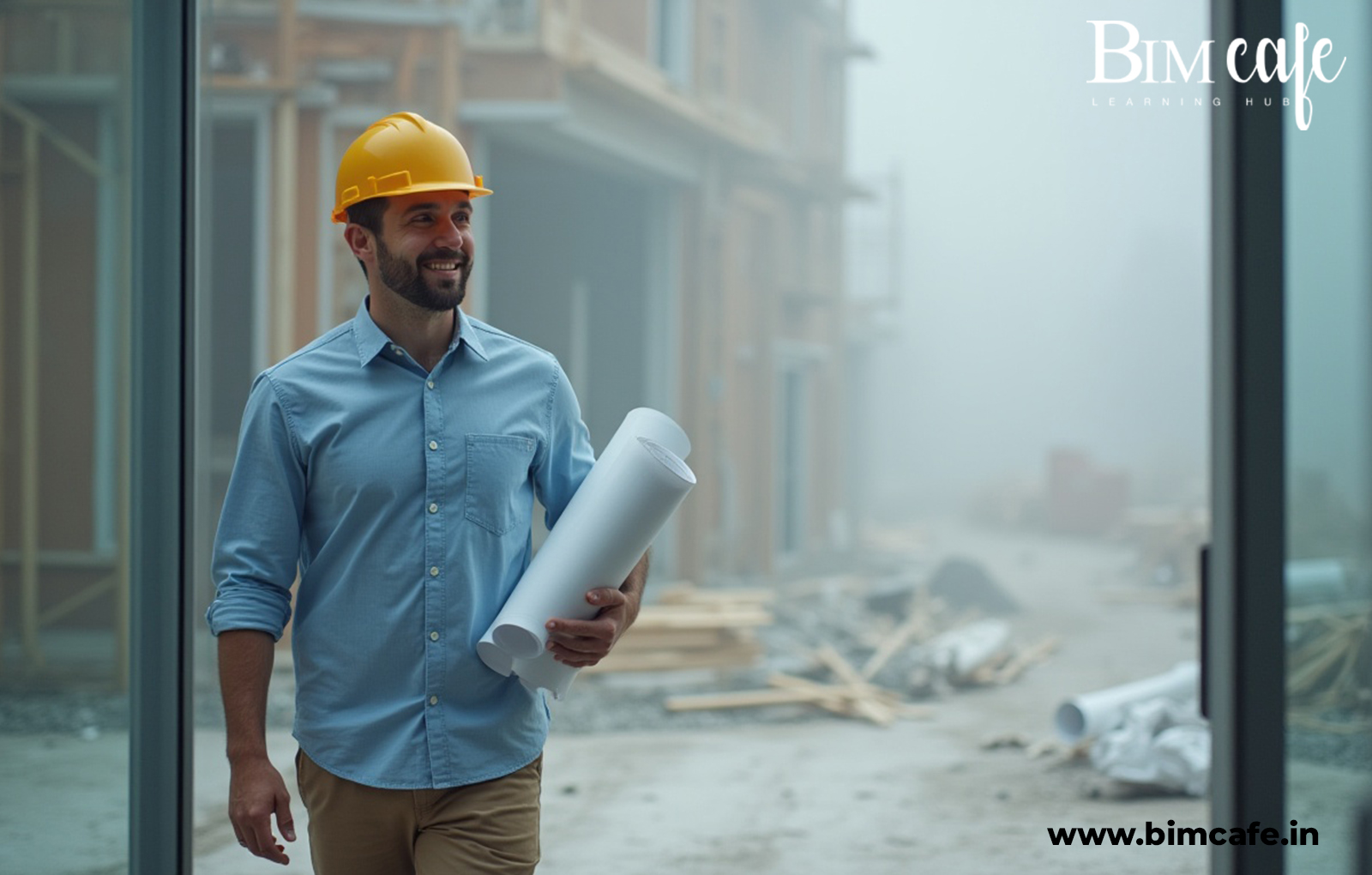 Smiling architect in safety helmet holding blueprints at a construction site, representing practical BIM training at BIM Cafe.s