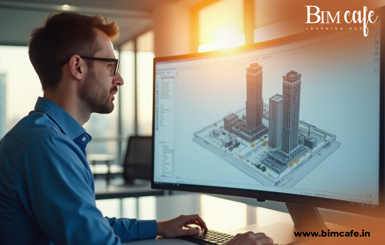 Architect using BIM software on a desktop computer to design high-rise buildings at BIM Cafe Learning Hub.