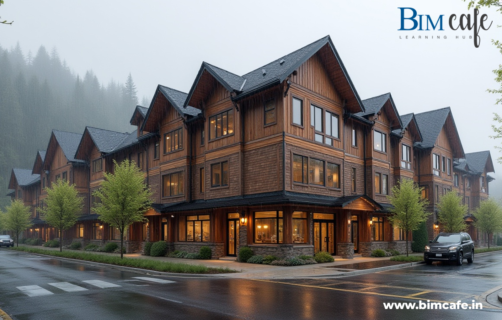 Modern mixed-use wooden building with retail shops on the ground floor and residential units above, blending traditional pitched roof design with contemporary architecture – BIM Cafe Learning Hub