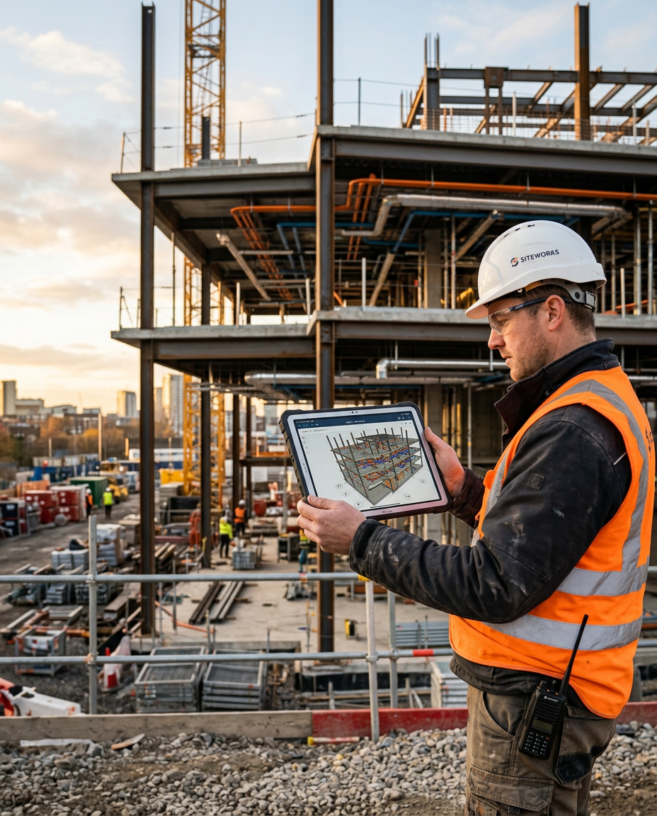 Facility management interface showing an as-built BIM model with system information inside a finished building.