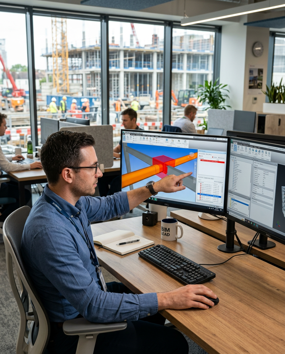 Site engineer using a tablet to review a BIM model directly on an active construction site.
