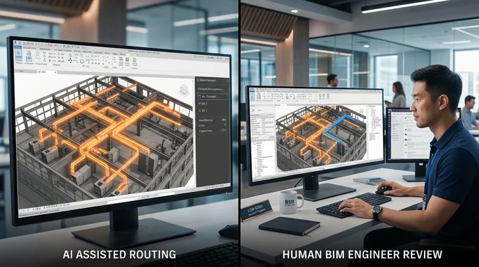 Split view: AI-assisted MEP routing in BIM software and a human BIM engineer validating the coordinated model