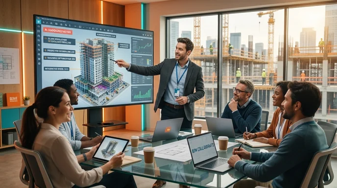 BIM coordination meeting reviewing a federated 3D model for multidisciplinary clash resolution