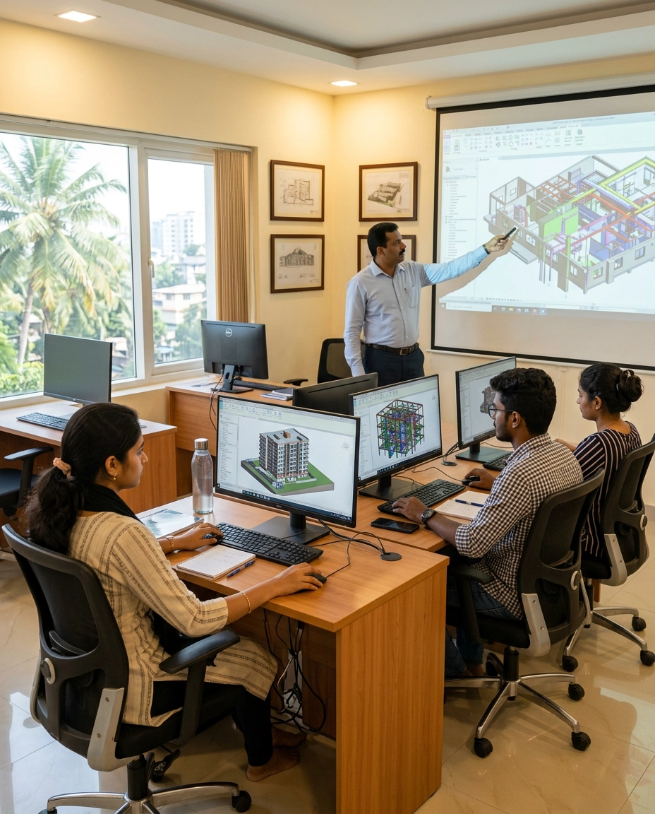 BIM Cafe Learning Hub training classroom - students building BIM portfolios