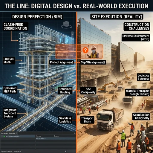 Split concept comparing a clash-free BIM model with real construction site constraints