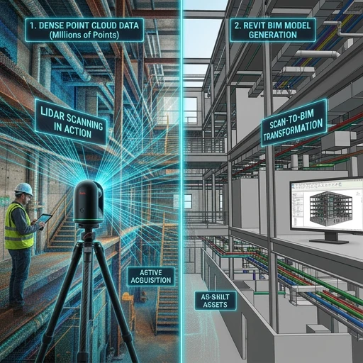 LiDAR scanning capturing a dense point cloud inside a complex building for as-built documentation
