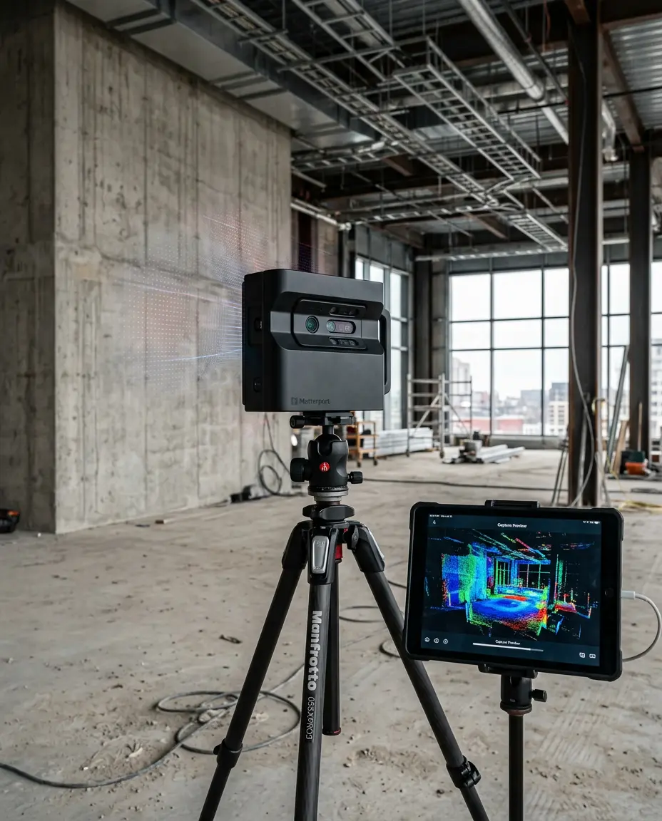 Matterport 3D camera scanning a building interior for BIM workflow