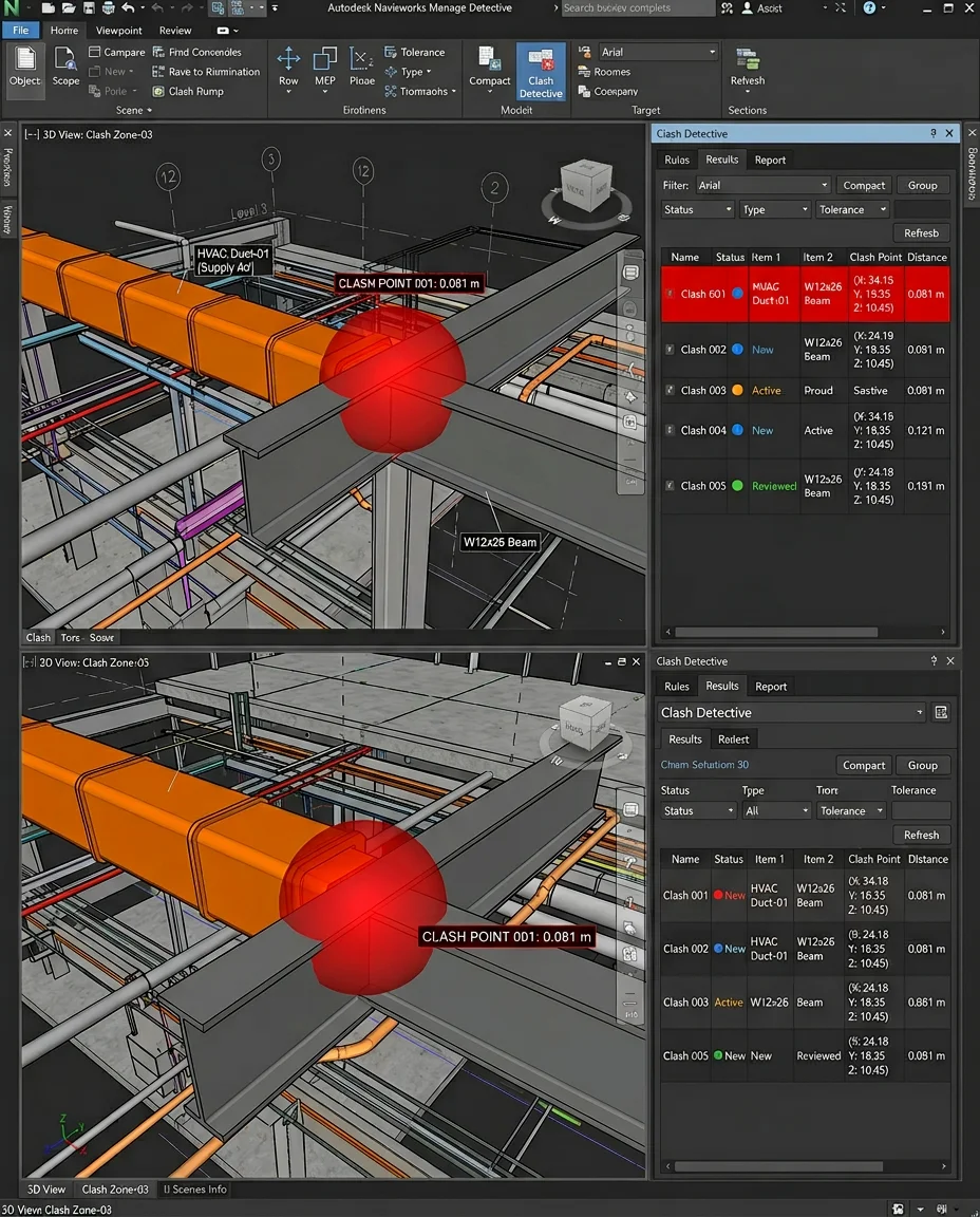 Navisworks clash test results showing new, active, and resolved clashes between MEP and structure