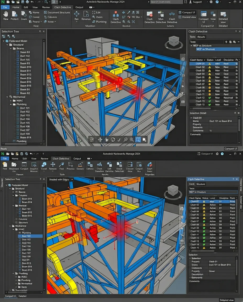 Navisworks Manage interface showing Clash Detective panel for BIM coordination