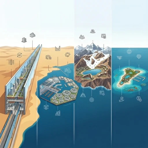 NEOM masterplan graphic showing The Line, Oxagon, Trojena, and Sindalah developments