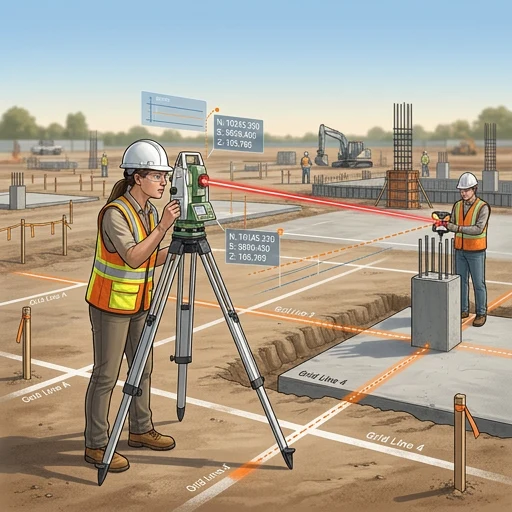 Surveyor using a total station on a construction site for layout and control points