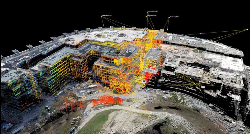 Aerial LiDAR scan site overview with yellow scan position markers connected by lines, visualizing coverage planning