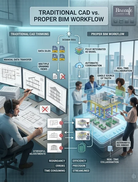 Split-screen comparison of traditional CAD thinking versus coordinated BIM and Revit workflow