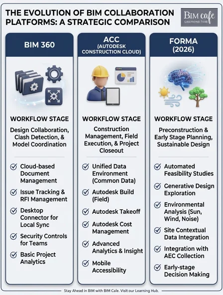 Visual comparison of Autodesk Forma, ACC, and BIM 360 roles in the BIM stack