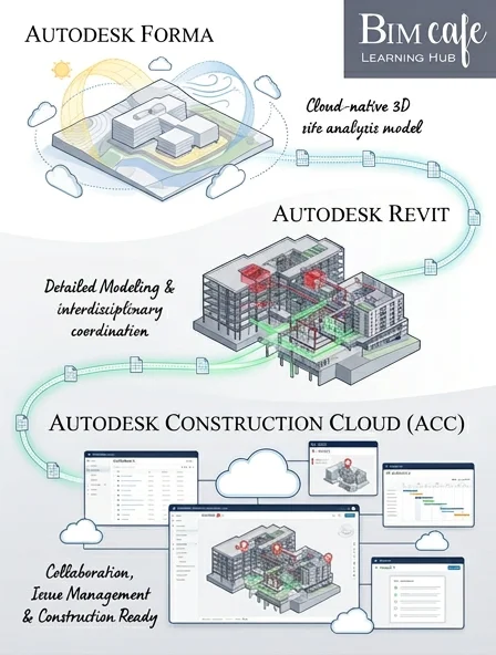 Connected BIM ecosystem flow from Autodesk Forma through Revit to Autodesk Construction Cloud ACC
