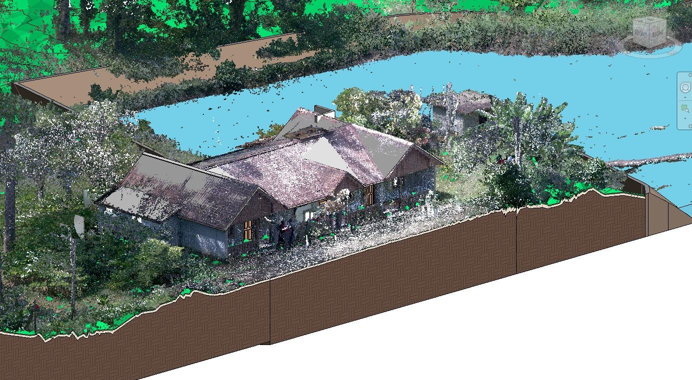 3D LiDAR point cloud capturing the Kuttikanam building together with surrounding terrain, vegetation, and natural landscape