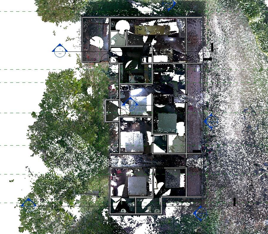 Processed LiDAR point cloud showing the Kerala building layout in plan view with interior walls visible
