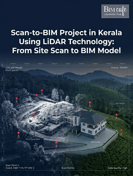 Scan-to-BIM Project in Kerala using LiDAR Technology — aerial view of the Kuttikanam building with red scan position markers and BIM Cafe Learning Hub branding
