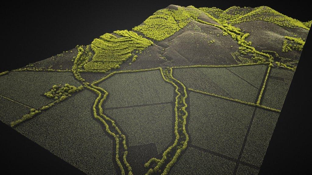 LiDAR-derived 3D point cloud of valley terrain with roads, fields, and slope variations visible