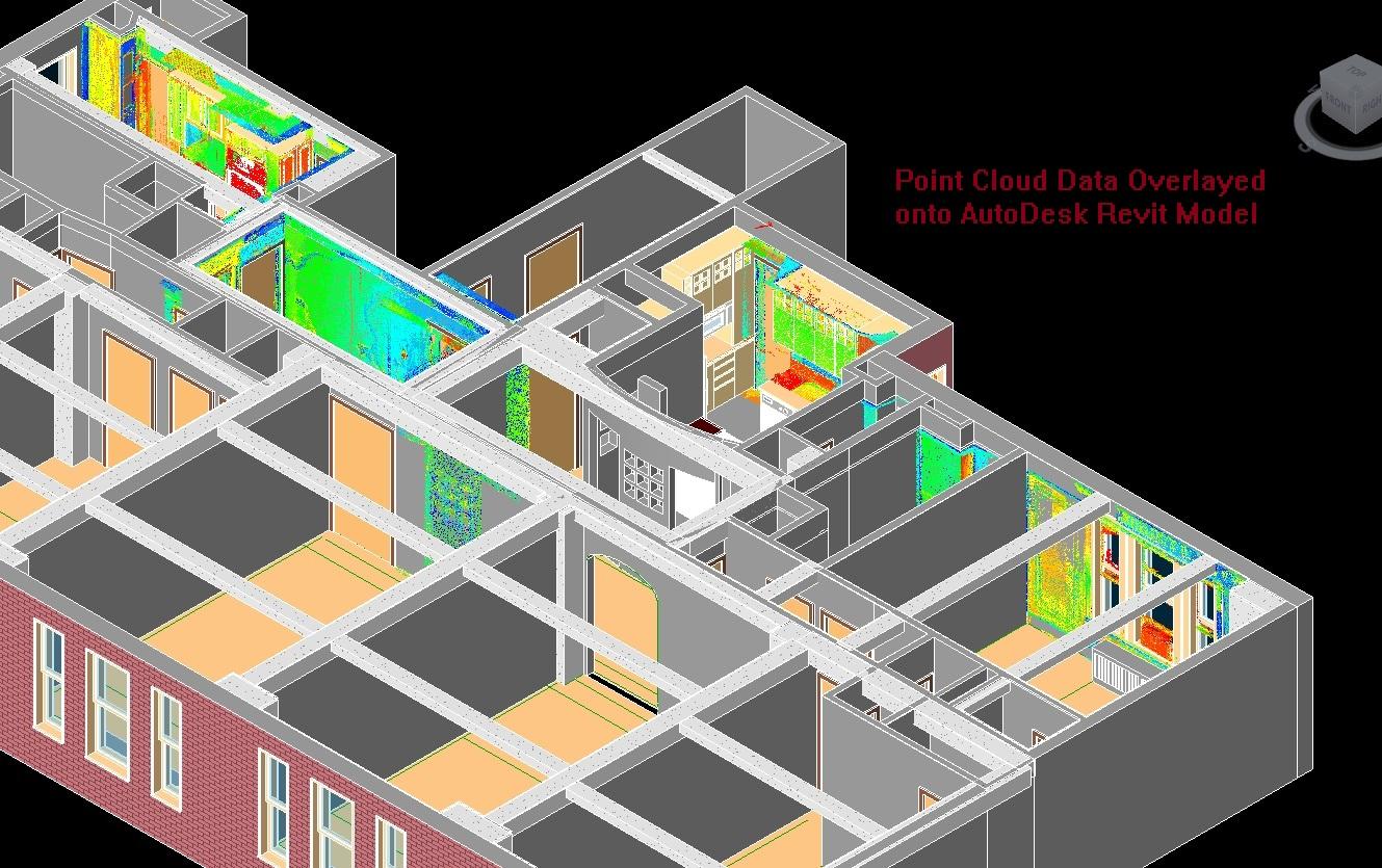Point cloud data overlaid onto an Autodesk Revit model to validate as-built geometry against the BIM model