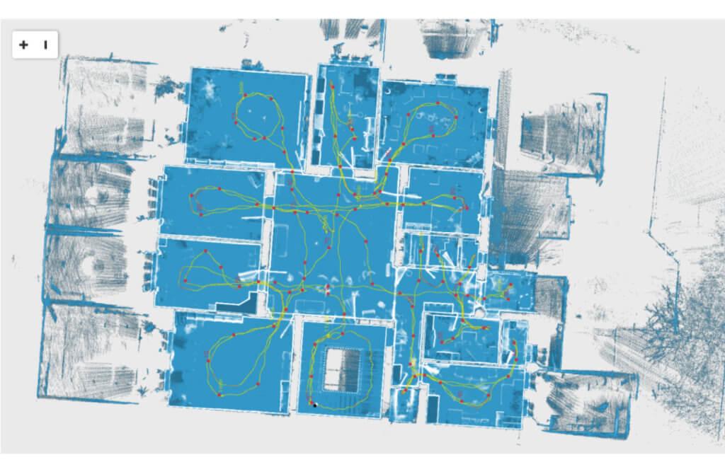 Floor plan point cloud with scan trajectories and registration tie points visualized for quality control