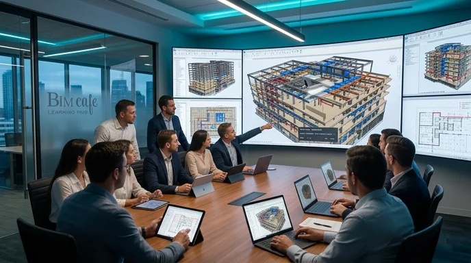 BIM coordination team reviewing a Revit model in a modern project meeting