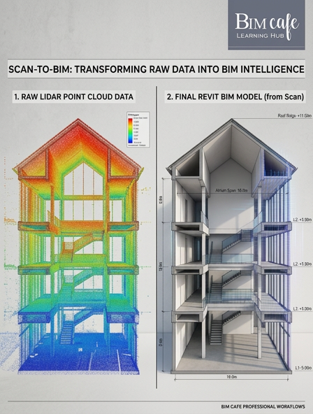 Scan-to-BIM transformation: raw LiDAR point cloud data on the left versus the final Revit BIM model section view on the right, with floor heights and atrium spans annotated